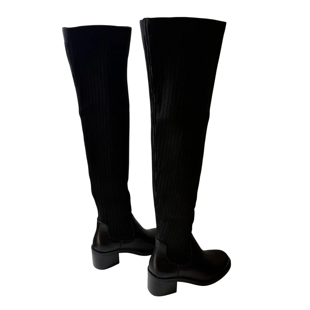 Current Mood Gia Black Thigh High Knit Sock Boots Block Heel Size 8 New in Box
